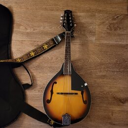 Akustická mandolina s hruškovitým korpusem v černo-oranžovém sunburst provedení. Na hlavě je viditelný nápis "Saga". Nástroj je doplněn zdobeným čern…