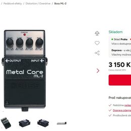 Černý kytarový efekt pedál značky Boss, model Metal Core ML-2. Na horní části jsou čtyři ovládací knoflíky s popisky LEVEL, LOW, HIGH a DIST a červen…