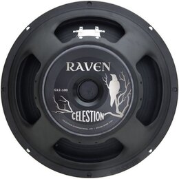 Černý reproduktor s černou membránou a kovovým rámem. Na středovém krytu jsou bílé nápisy RAVEN, G12-100 a CELESTION, doplněné nápisem CELESTION INTE…