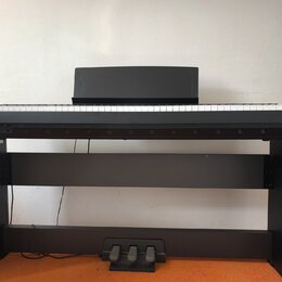 Černý digitální piano v černém stojanu s třemi pedály. Nástroj má bílé a černé klávesy a nad nimi je umístěna černá překrytka. Na povrchu nejsou vidě…