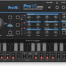 Černý hybridní syntetizátor s nápisy ProVS MINI a HYBRID VECTOR SYNTHESIZER. Horní panel obsahuje ovládací knofíky, tlačítka a značku behringer v dol…