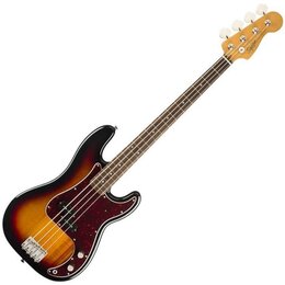 Čtyřstrunná basová kytara s korpusem v barevném přechodu od žluté přes oranžovou k hnědé a černé. Nástroj má červený puntovaný pickguard a hmatník z…