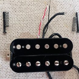 Černý humbucker s dvěma řadami snímačů, z nichž horní má hladké krytky a spodní šroubovací. Z nástroje vedou červený, bílý a několik černých vodičů.…