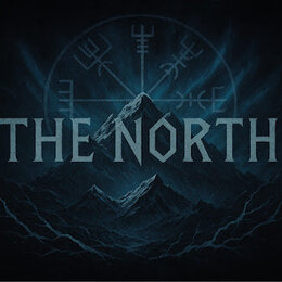 Digitální grafika s nápisem THE NORTH v šedé barvě. V pozadí jsou zobrazeny tmavě modré hory a kruhový symbol s runovými znaky. Celkový obraz má tmav…
