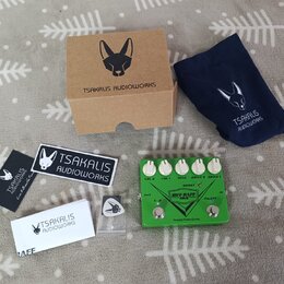 Sada příslušenství a kytarový efekt v zelené barvě s nápisy RIFF RAFF MKII, BOOST a Tsakalis AudioWorks. Soubor obsahuje hnědou kartonovou krabici, t…