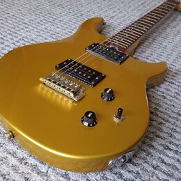 Zlatá elektrická kytara s dvojcutovým tvarem těla a hnědým hmatníkem. Nástroj je vybaven dvěma černými humbuckery, stříbrným mostem a třemi ovládacím…