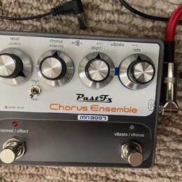 Šedý efekt pedál s nápisy PastFx a Chorus Ensemble. Na horní části jsou čtyři kovové oválkové knoflíky s popisky level control, chorus intensity, dep…