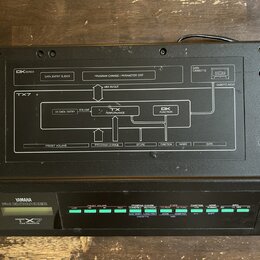 Černý elektronický modul s nápisy YAMAHA, FM EXPANDER a TX7 TONE GENERATOR. Horní kryt obsahuje schéma s texty DX SERIES, DATA ENTRY SLIDER, PROGRAM…