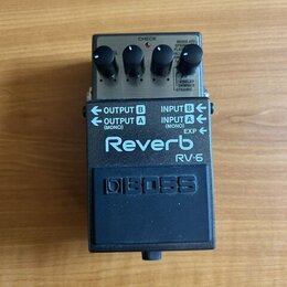 Efektový pedál Reverb značky BOSS, model RV-5. Zařízení je v černém kovovém provedení s šedým horním panelem, na kterém jsou čtyři ovládací knoflíky…