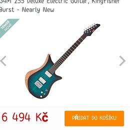 Snímek zobrazuje elektrickou kytaru s trupem v modro-hnědém přechodovém odstínu (burst) a černým hmatníkem. Nástroj má dva humbuckery, jeden potencio…