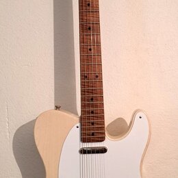 Elektrická kytara typu Telecaster s přírodním dřevěným povrchem těla a hmatníkem. Má bílý pickguard, jeden krkový snímač a jeden mostový snímač v kov…