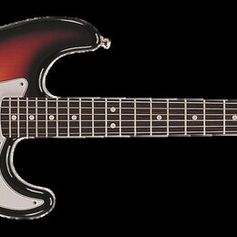 Elektrická kytara typu Stratocaster s korpusem v přechodové barvě od oranžové po černou. Bílý pickguard obsahuje tři snímače a ovládací knoflíky, na…