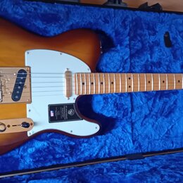 Elektrická kytara s t bodies v barevném přechodu od žluté po tmavě hnědou, umístěná v modrém polstrovaném kufru. Nástroj má bílý pickguard, zlaté har…