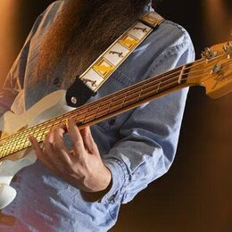 Bílá elektrická basová kytara s hnědým hmatníkem a světle dřevěnou hlavou. Na hlavě je vidět nápis Fender a text Jazz Bass. Nástroj má zlatý plech s…