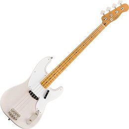 Bílá elektrická basová kytara s bílým pickguardem a hnedým hmatníkem. Na hlavě je vidět nápis "Fender". Nástroj má čtyři struny, dva snímače a chromo…