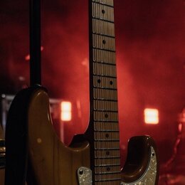 Elektrická kytara s přírodním dřevěným povrchem korpusu a hmatníkem ze světlého dřeva. Kytara má perleťový pickguard a tři snímače typu single-coil.…