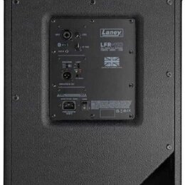 Zadní strana černého reproduktorového boxu s texturovaným povrchem. Na zadním panelu je bílý nápis Laney a model LFR-110, pod kterým je text FULL RAN…