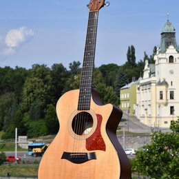 Akustická kytara s cutawayem v přirozené dřevěné barvě, umístěná na černém stojanu. Na hlavě hmatníku je bílý nápis Taylor. Kytara má hnědý hmatník,…