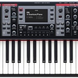 Černý digitální klavír s bílými a černými klávesami. Na levé straně je nápis Roland V-STAGE. Ovládací panel obsahuje sekce s názvy ORGAN, ACOUSTIC PI…
