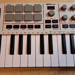 Bílá MIDI klaviatura s názvy AKAI PROFESSIONAL a MPK mini. Horní panel obsahuje šedé čtvercové pady, několik otočných potenciometrů a řadu malých tla…