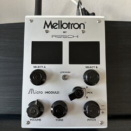 Stříbrný efektový pedál s nápisy Mellotron®, BY :RESCH: a Micro :MODULE:. Zařízení má dvě černé displejní plochy, tři černé otočné knoflíky s popisky…