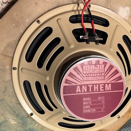 Reproduktor s béžovým kovovým rámem a černou membránou. Na zadním magnetu je růžovo-bílá nálepka s nápisy MOJO TONE LOUDSPEAKERS, ANTHEM a specifikac…