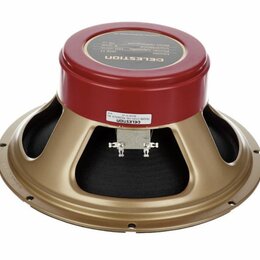 Reproduktor s červeným magnetem a zlatavým kovovým rámem. Na horní části magnetu je štít s nápisy CELESTION, Model G12H, Power Handling 150 watts, Im…