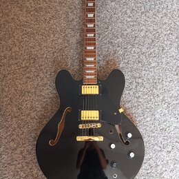 Černá polodupatá elektrická kytara s lesklým povrchem a hnědým hmatníkem. Na hlavě je nápis Epiphone, na krytkách snímačů a mostu jsou zlaté prvky. K…