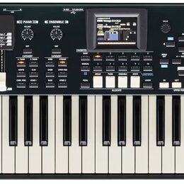 Černý digitální klavír s bílými a černými klávesami. Na horním panelu jsou umístěny ovládací prvky, posuvníky a displej s nápisemy jako ORGAN, PIANO,…
