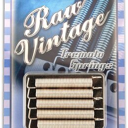 Balení pěti kovových pružin do tremola v plastovém blistru. Na obalu je nápis Raw Vintage Tremolo Springs. Pružiny jsou stříbrné a v dobrém stavu.