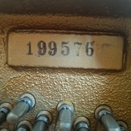 Detailní záběr na část hudebního nástroje se zlatým povrchem. Na obdélníkovém štítku je černý nápis 199576. Ve spodní části jsou vidět kovové kolíky…
