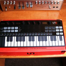 Černý analogový syntetizátor s klaviaturou, umístěný v červeném obalu. Na horním panelu jsou nápisy ANALOG SYNTHESIZER, PARAPHONIC DUAL FILTER a logo…
