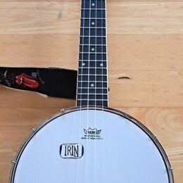 Akustický banjo s bílou membránou a hnědým hmatníkem. Na hlavě je nápis IRIN v rámečku a nad ním text REMO WE WEATHER ONE BANJO HEAD ONLY. Na hlavě h…