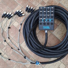 Černý vícežilový kabel s rozbočovacím boxem a několika koncovými konektory. Na boxu je nápis PROEL AUDIO SYSTEM a řada čísel od 1 do 8. Kabel je svin…