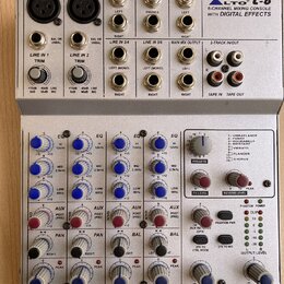 Stříbrný mixážní pult s nápisem ALTO L-6 6-CHANNEL MIXING CONSOLE WITH DIGITAL EFFECTS. Horní panel obsahuje vstupy MIC 1 a MIC 2, AUX SENDS, CONTROL…