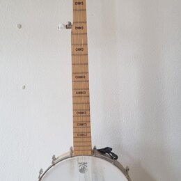 Světle hnědý banjo s bílou membránou a kovovým obručem. Na hlavě hmatníku je nápis GOODTIME. Membrána vykazuje známky opotřebení v podobě šmouh a v p…