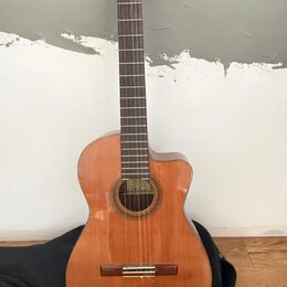 Akustická kytara s vyřezem v korpusu, provedená v přirozené dřevěné barvě. Na hmatníku je vidět štítek s nápisem "Classical Guitar". Nástroj stojí op…