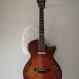 Akustická kytara s hnědým gradientním povrchem a vyřezanými otvory v těle místo klasického otvoru. Na hlavě hmatníku je bílý nápis Crafter. Nástroj j…
