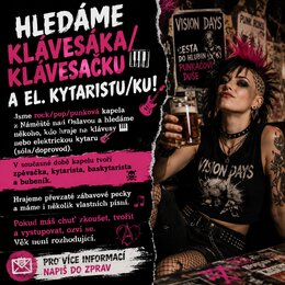 Fotografie obsahuje reklamní inzerát na hledání klávesáka/klávesačky a elektrického kytaristy/kytaristky do rockové kapely. Vlevo je text na černém a…
