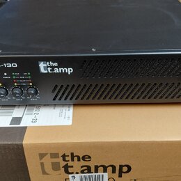 Černý rackový výkonový zesilovač s nápisem E4-130 a logem the t.amp. Přední panel obsahuje čtyři ovládací knofíky s označením CH 1, CH 2, CH 3 a CH 4…