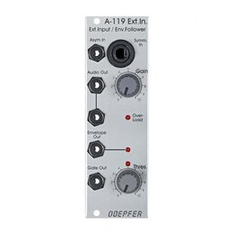 Bílý modul s nápisy A-119 Ext.In. a Ext.Input / Env.Follower. Obsahuje vstupy Asym.In a Symm. In, výstupy Audio Out, Envelope Out a Gate Out, dva oto…