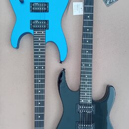 Dvě elektrické kytary s černým hmatníkem a dvěma humbuckery. Horní kytara má modrý lakovaný korpus, na hlavě hmatníku je bílý nápis Jackson. Dolní ky…