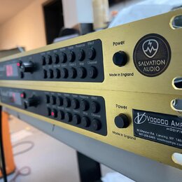 Dvě rackové jednotky v zlaté barvě s ovládacími prvky a přepínači na předním panelu. Horní jednotka nese kulaté černé logo SALVATION AUDIO a nápis Ma…