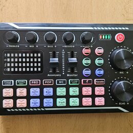 Černý kompaktní zvukový mixér s řadou ovládacích prvků. Na horní části jsou čtyři otočné knoflíky s popisky TREBLE, MID, BASS a RECORD, dva posuvníky…