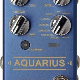 Modrý efekt pedál s nápisy AQUARIUS a JOYO v žluté barvě. Zařízení má čtyři chromované oválné knoflíky s popisky LEVEL, TIME, VOL, TONE a F.BACK. Kol…