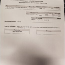 Fotografie zobrazuje papírový doklad s nápisem Paragon 1574/06/2026 oryginał a logem AUDIOCONNECT. V tabulce je uveden produkt IE 100 PRO BLACK SŁUCH…