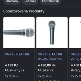 Snímek zachycuje screenshot z vyhledávače Google s výsledky pro dotaz „beta 58a“. Jsou zde zobrazeny produktové fotografie dvou dynamických mikrofonů…