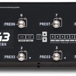 Černý spínací systém s nápisy G3 S A T O M The advanced switching system a webovou adresou THEGIGRIG.com. Zařízení má osm kovových spínačů označených…