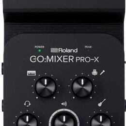 Černý kompaktní mixér s nápisy Roland a GO:MIXER PRO-X. Zařízení má pět otočných černých ovladačů a dvě kontrolky s popisky POWER a PEAK. Nad ovladač…