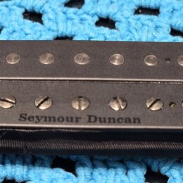 Černý humbucker snímač s plastovým krytem. Na spodní části je bílý nápis Seymour Duncan. Horní cívka má viditelné kovové pólové šrouby, spodní cívka…